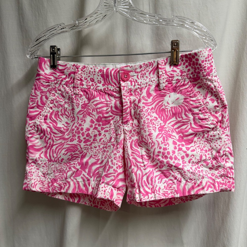 Lilly Pulitzer Callahan Shorts Pink White Lion Animal Print Size 2 Preppy Summer